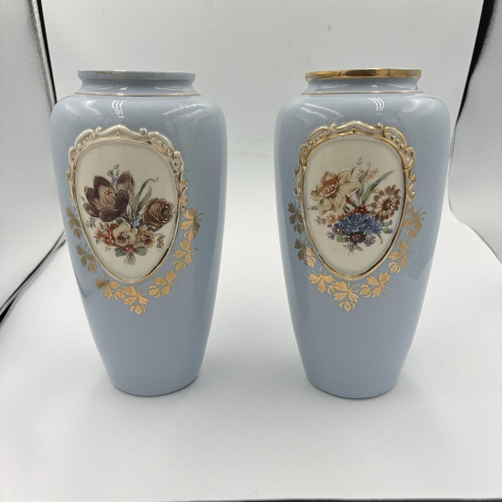 Vintage Eton Vase Blue Gold Gilding Hand Painted Raised Floral Center Set 2
